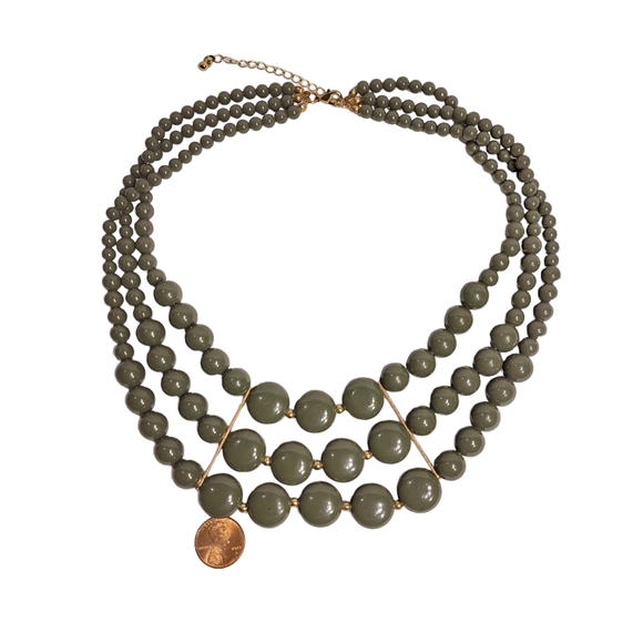 Vintage Choker Beaded Multi Layered Necklace Olive Green 10 + 3 Inches - Picture 8 of 13